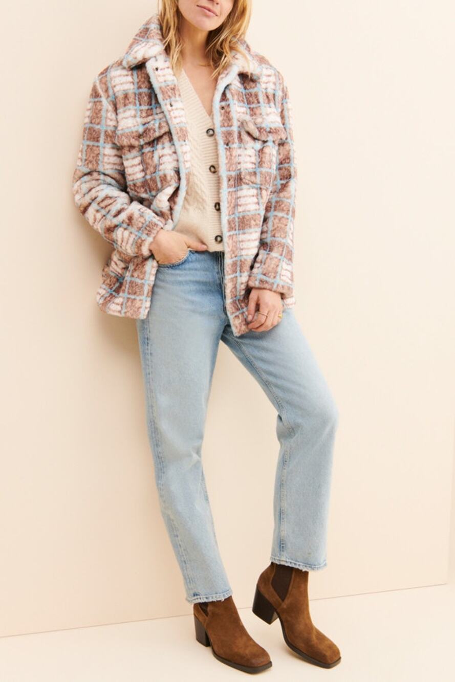 NWT FREE PEOPLE Hutch Plaid Faux Fur Shirt Jacket $280 XS Brown, Blue, White
